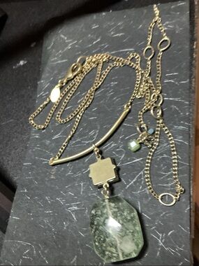 Chico's Gold-Tone XXL Necklace with Green Faceted Stone Pendant
